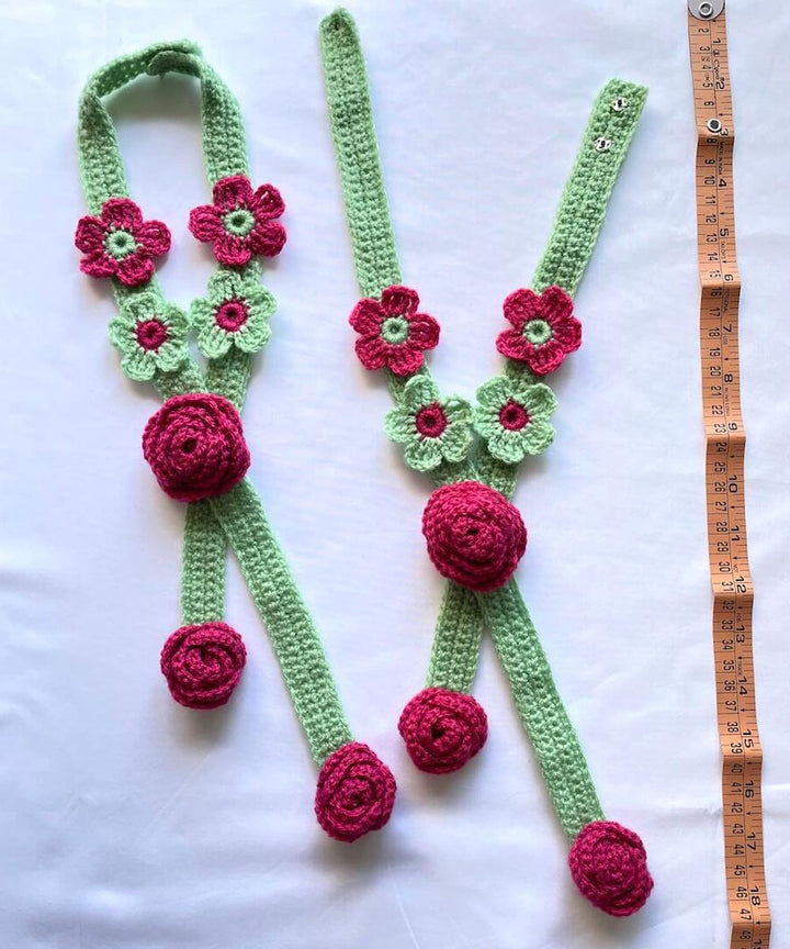 Light green dark pink wool hand knitted curtain belt set of 2