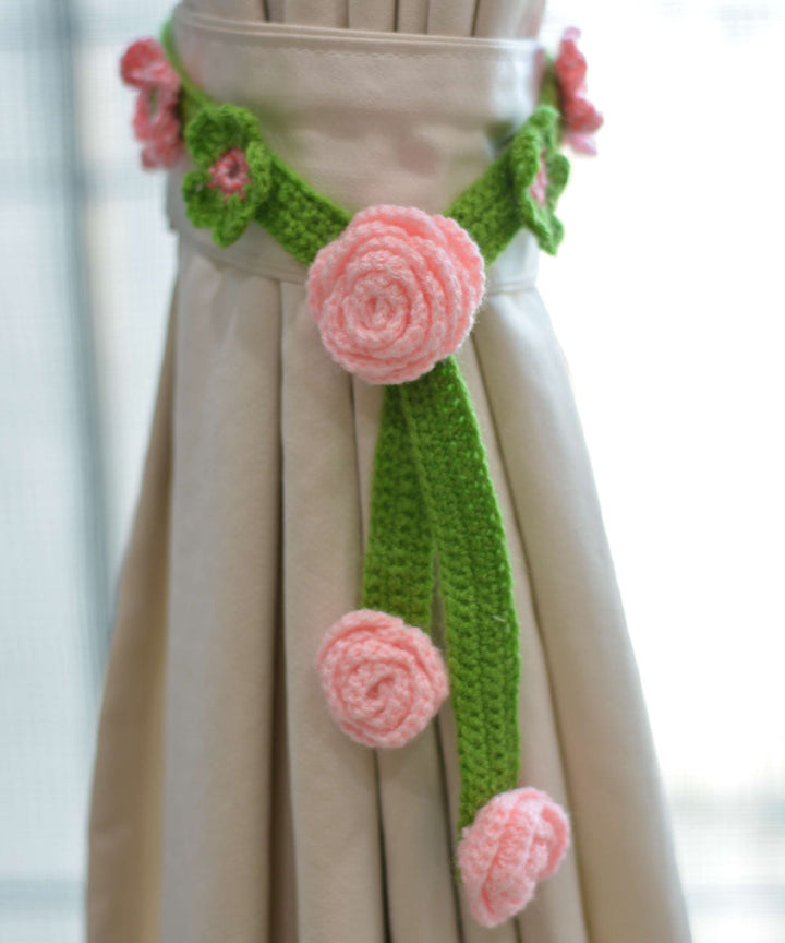 Light green light pink wool hand knitted curtain belt set of 2