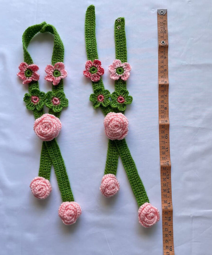 Light green light pink wool hand knitted curtain belt set of 2