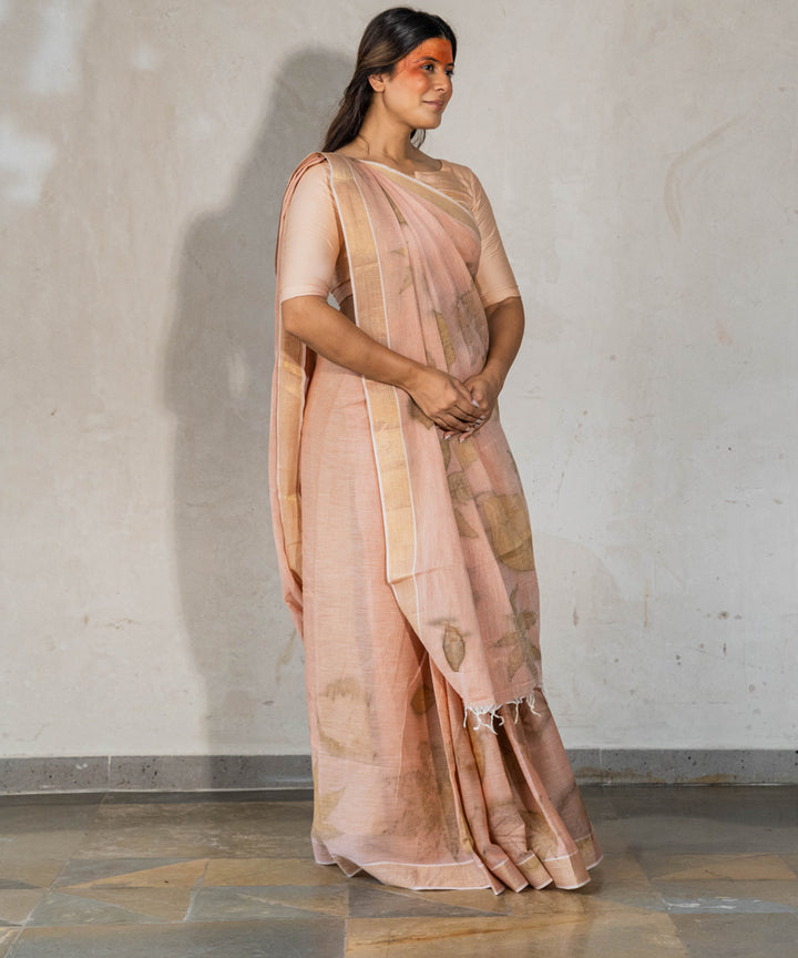 Light flamingo pink hand dyed manjeestha roots bio print cotton saree