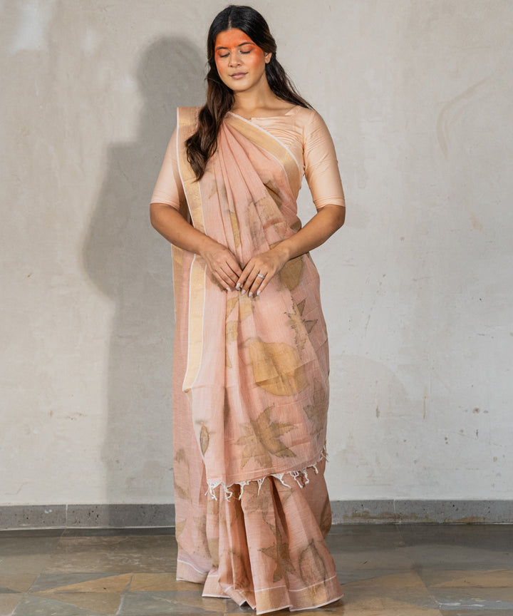Light flamingo pink hand dyed manjeestha roots bio print cotton saree