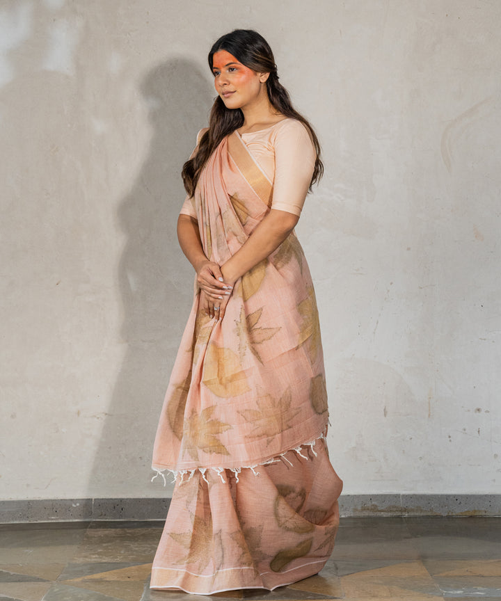 Light flamingo pink hand dyed manjeestha roots bio print cotton saree