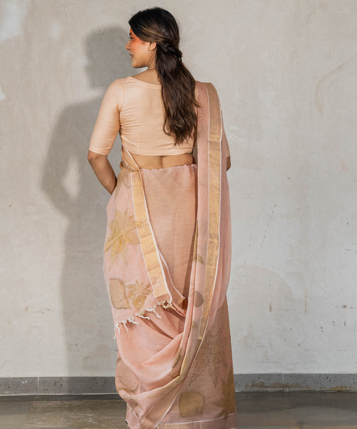 Light flamingo pink hand dyed manjeestha roots bio print cotton saree