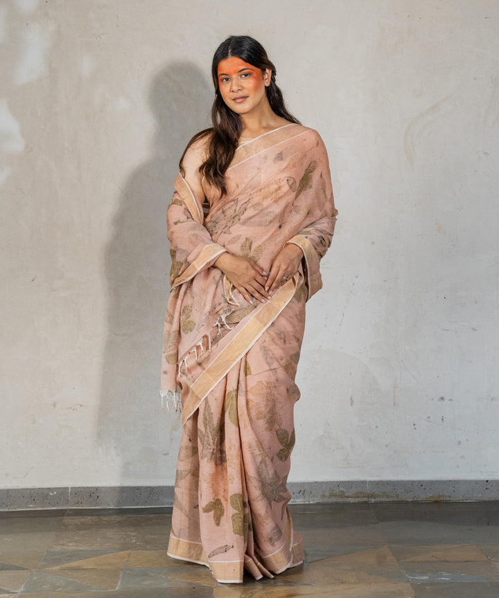 Light flamingo pink cotton hand dyed manjeestha roots bio print saree