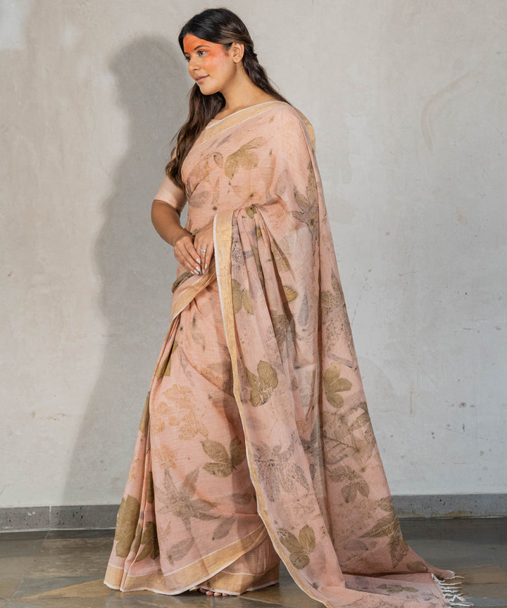 Light flamingo pink cotton hand dyed manjeestha roots bio print saree