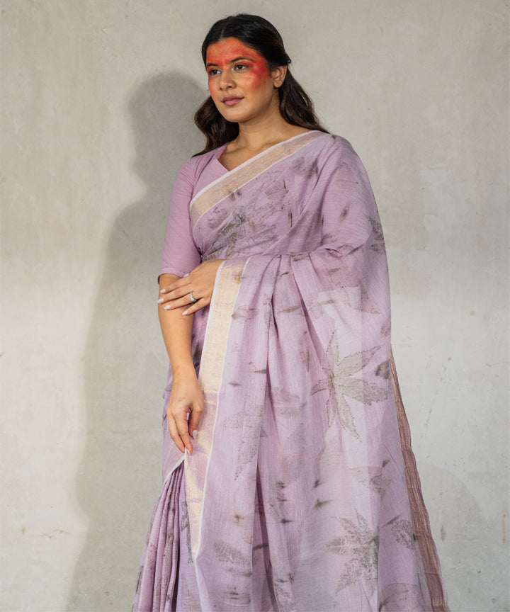 Soft lilac hand dyed with jamun extract bio print cotton saree