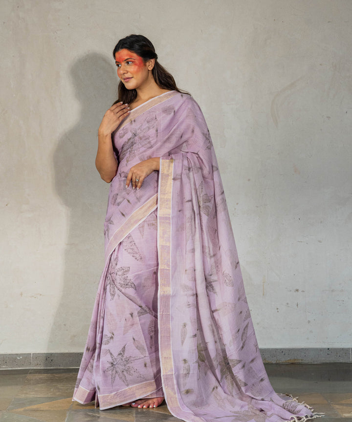 Soft lilac hand dyed with jamun extract bio print cotton saree