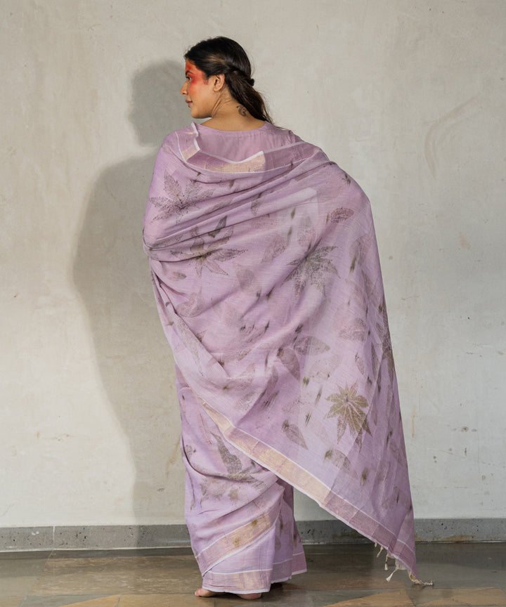 Soft lilac hand dyed with jamun extract bio print cotton saree