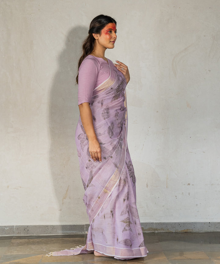 Soft lilac hand dyed with jamun extract bio print cotton saree