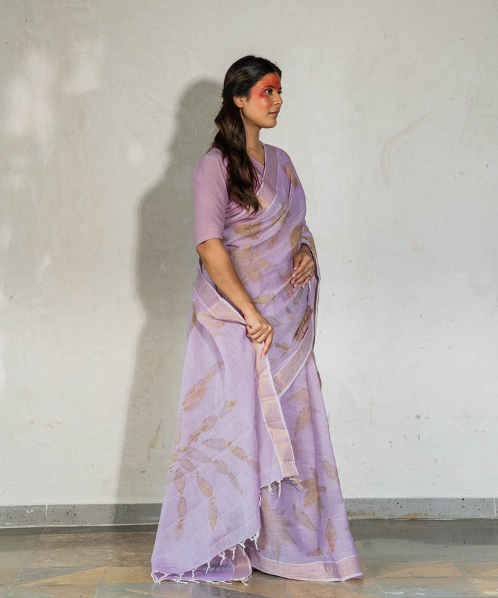 Soft lilac cotton hand dyed with jamun extract bio print saree