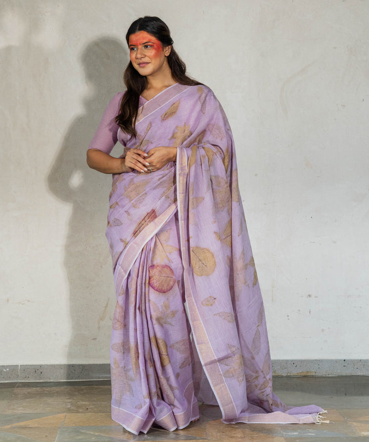 Soft lilac cotton hand dyed with jamun extract bio print saree
