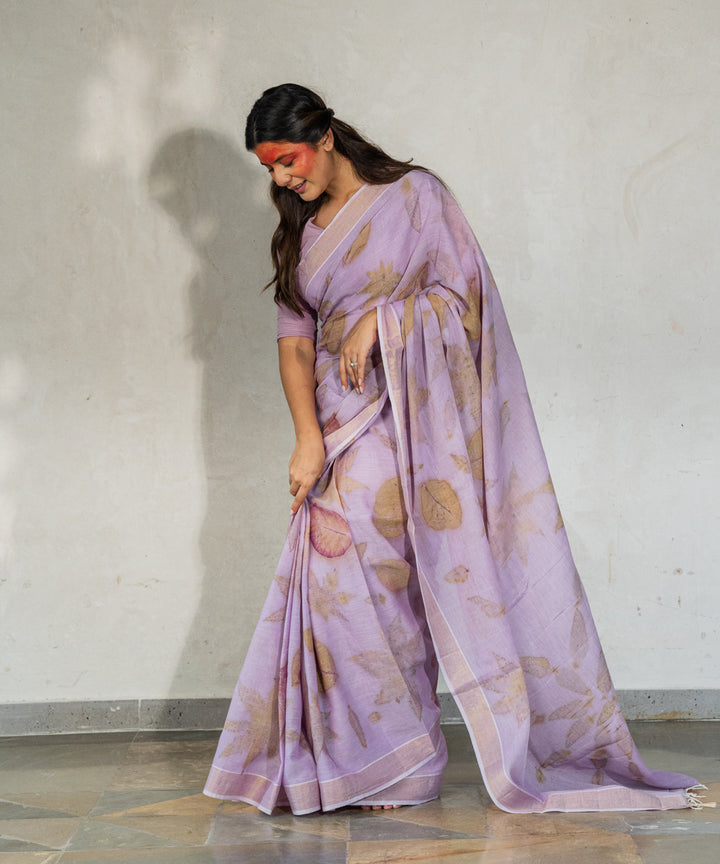Soft lilac cotton hand dyed with jamun extract bio print saree