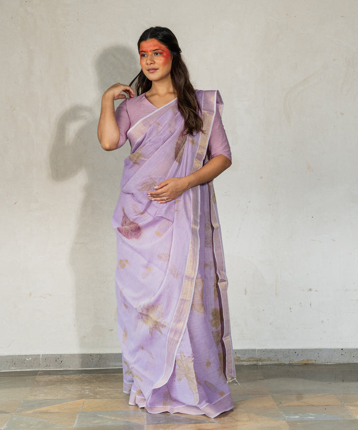Soft lilac hand dyed jamun extract cotton bio print saree