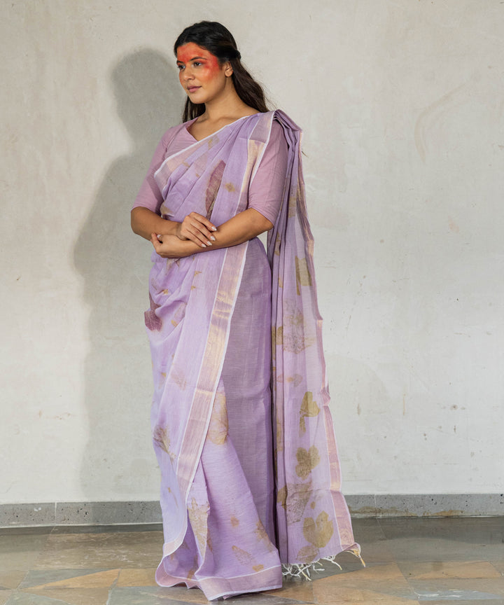 Soft lilac hand dyed jamun extract cotton bio print saree