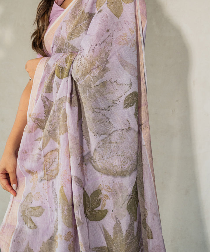 Soft lilac hand dye with jamun extract bio print cotton saree