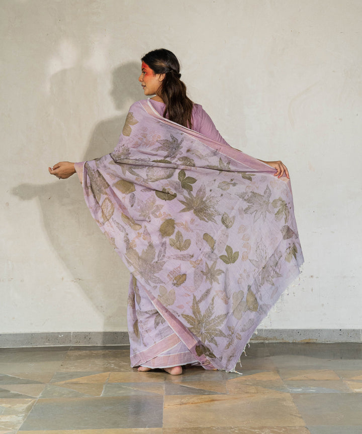Soft lilac hand dye with jamun extract bio print cotton saree