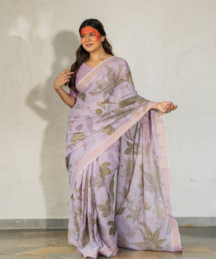 Soft lilac hand dye with jamun extract bio print cotton saree
