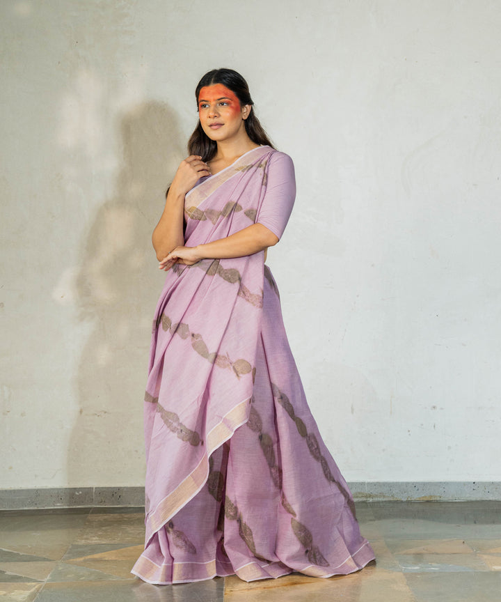 Soft lilac hand dyed with jamun extract cotton bio print saree