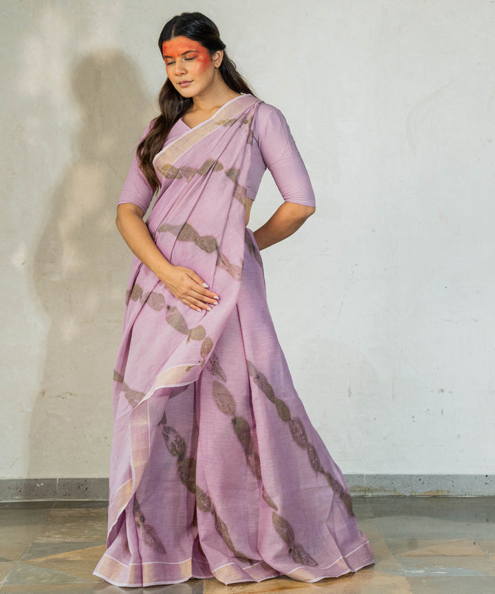 Soft lilac hand dyed with jamun extract cotton bio print saree