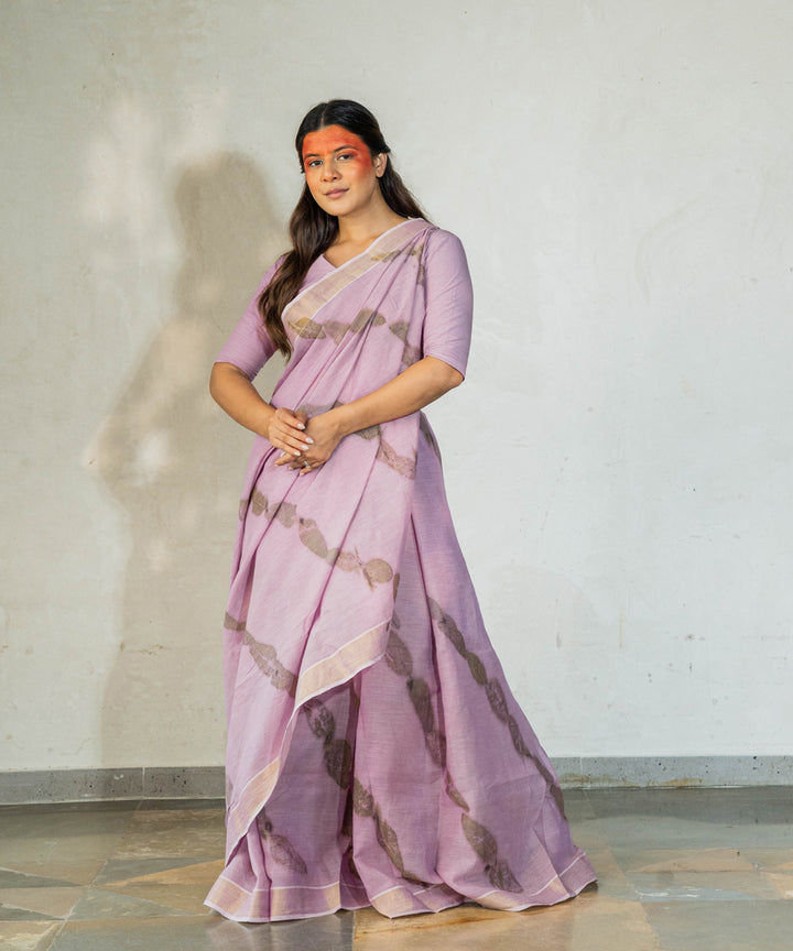 Soft lilac hand dyed with jamun extract cotton bio print saree