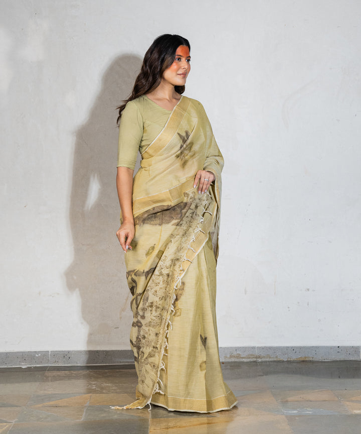 Green hand dyed with spinach extract bio print cotton saree
