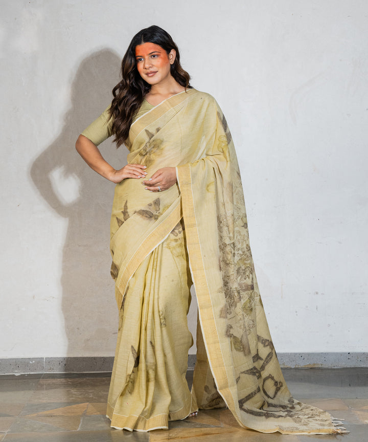 Green hand dyed with spinach extract bio print cotton saree