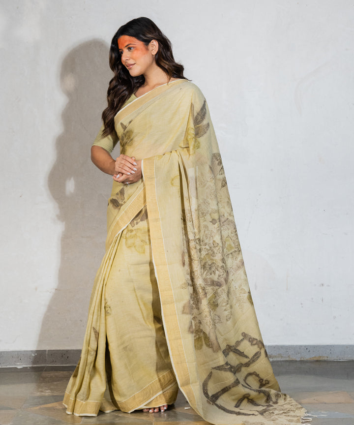 Green hand dyed with spinach extract bio print cotton saree