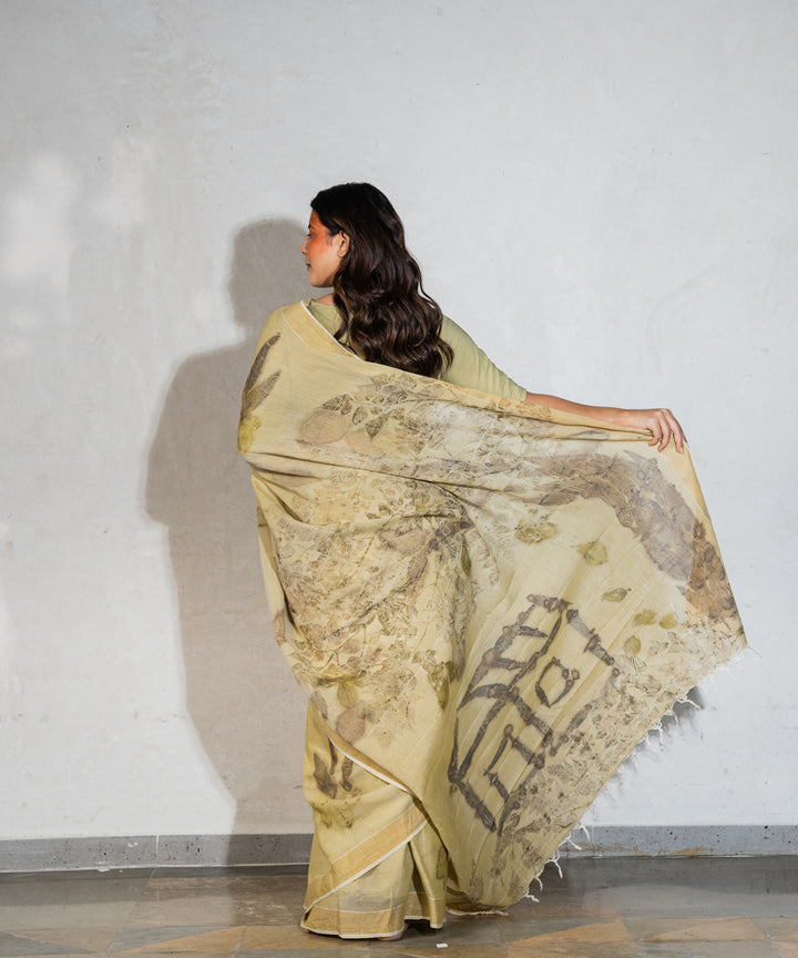 Green hand dyed with spinach extract bio print cotton saree