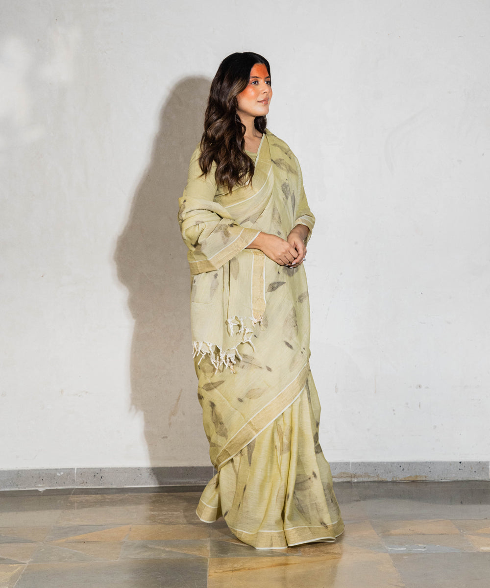 Green hand dyed-with spinach extract cotton bio print saree