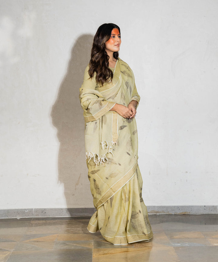 Green hand dyed-with spinach extract cotton bio print saree