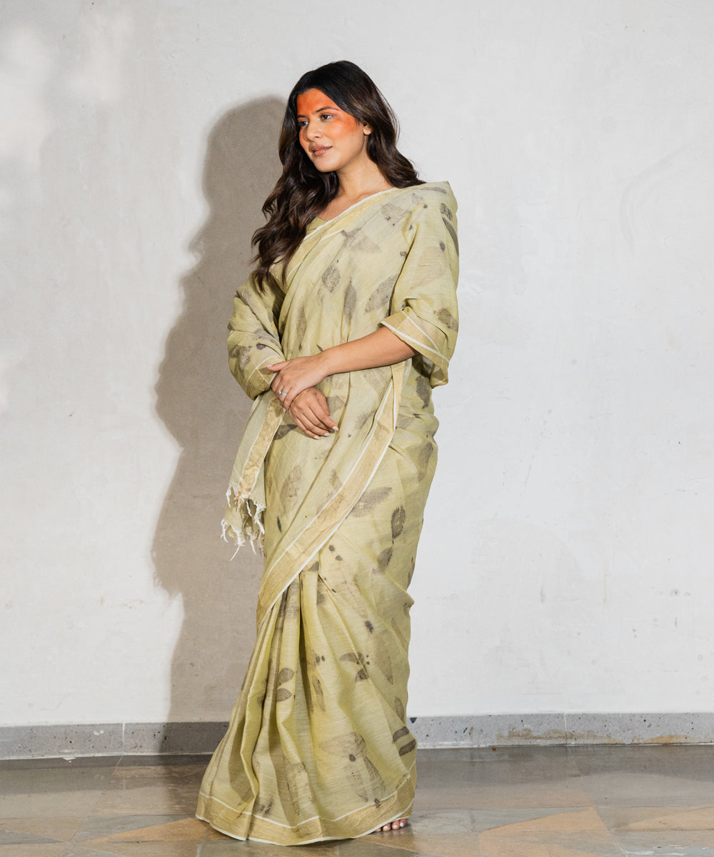 Green hand dyed-with spinach extract cotton bio print saree