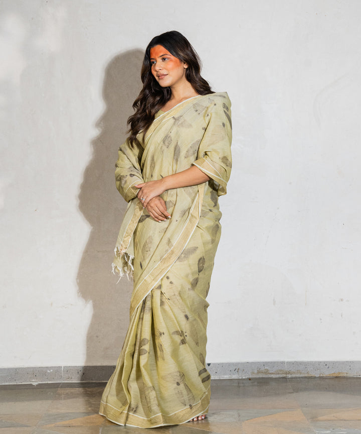 Green hand dyed-with spinach extract cotton bio print saree