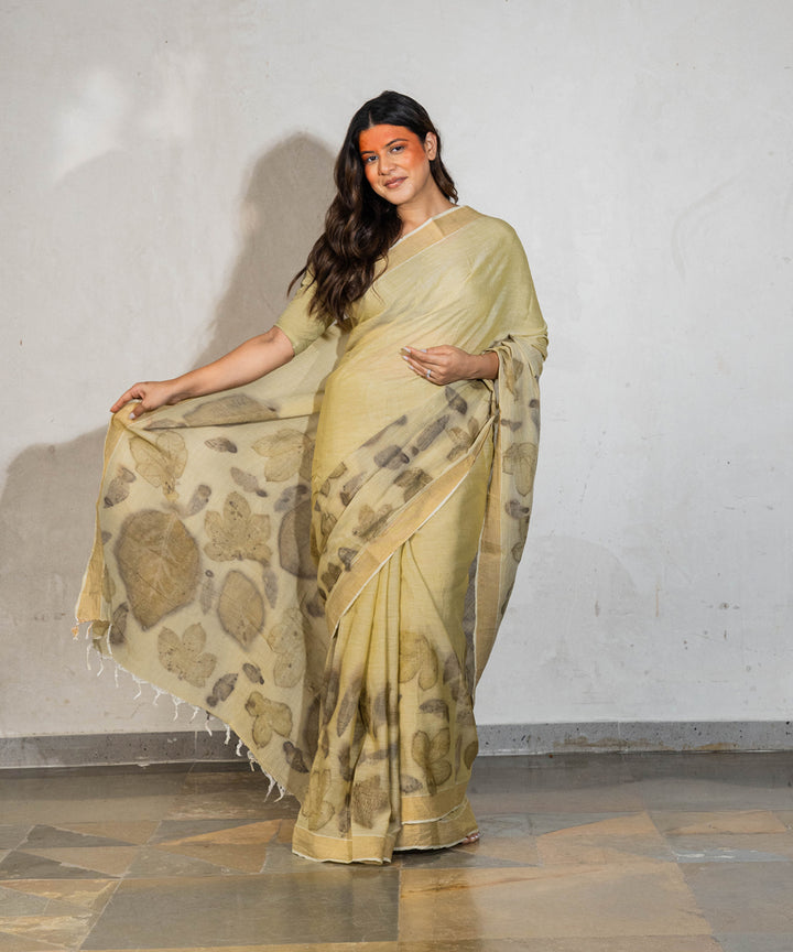 Green cotton hand dyed with spinach extract bio print saree