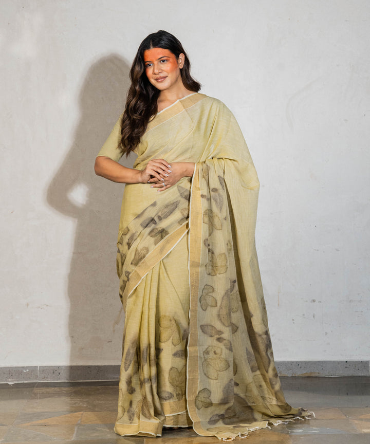 Green cotton hand dyed with spinach extract bio print saree