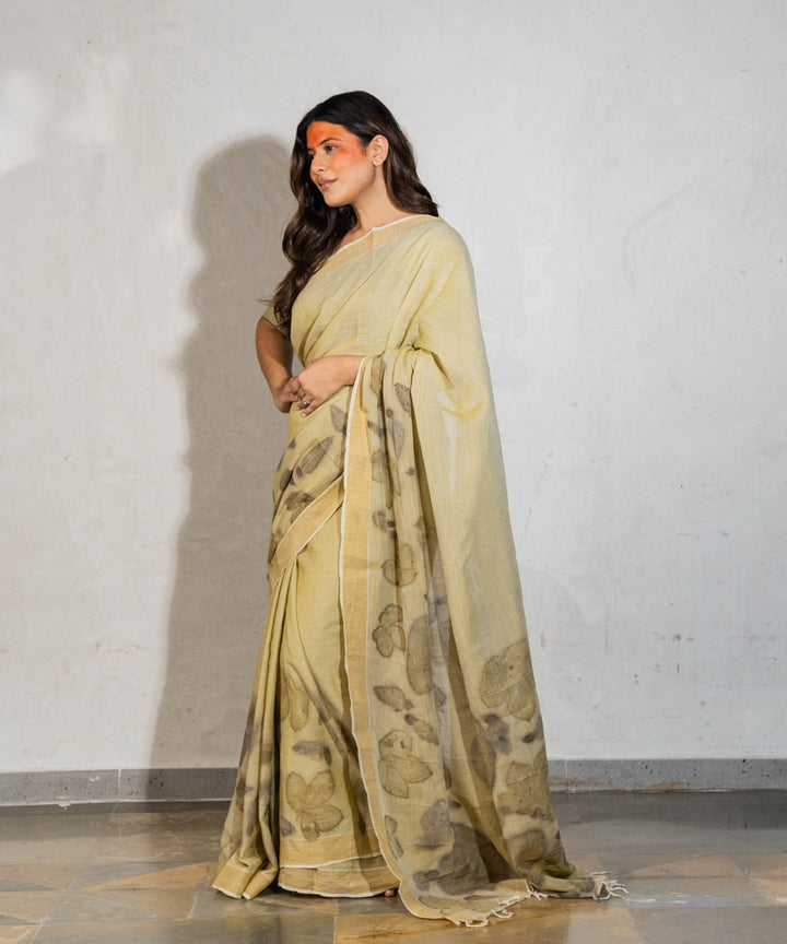 Green cotton hand dyed with spinach extract bio print saree