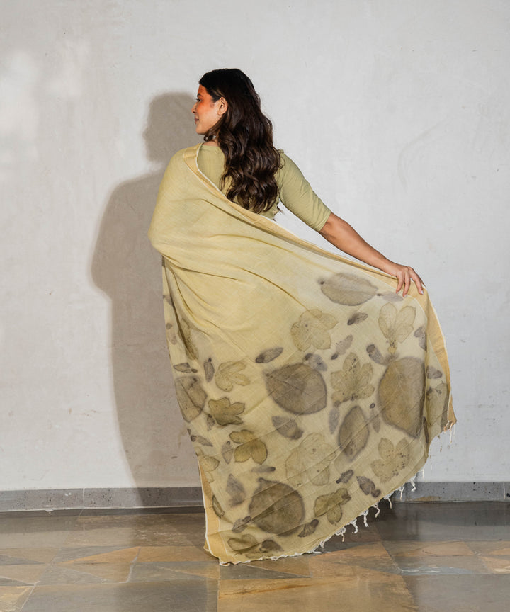 Green cotton hand dyed with spinach extract bio print saree