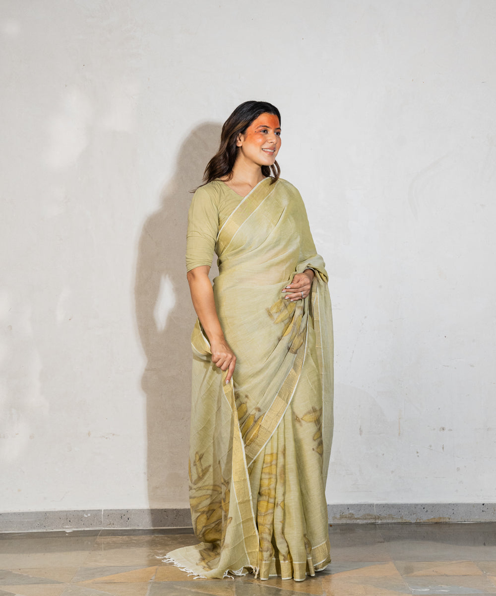 Green hand-dyed with spinach extract bio print cotton saree