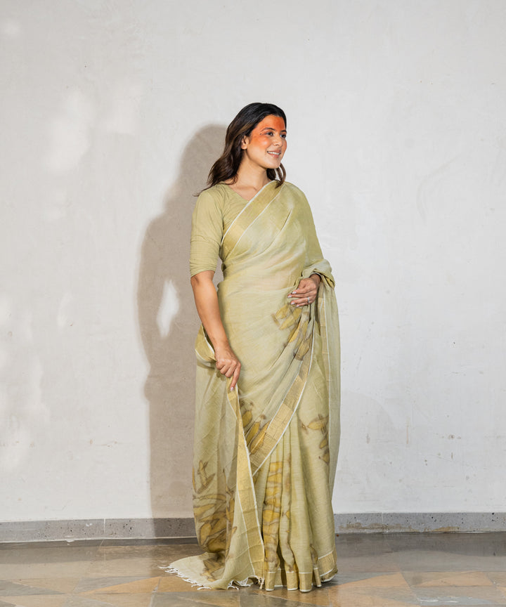 Green hand-dyed with spinach extract bio print cotton saree