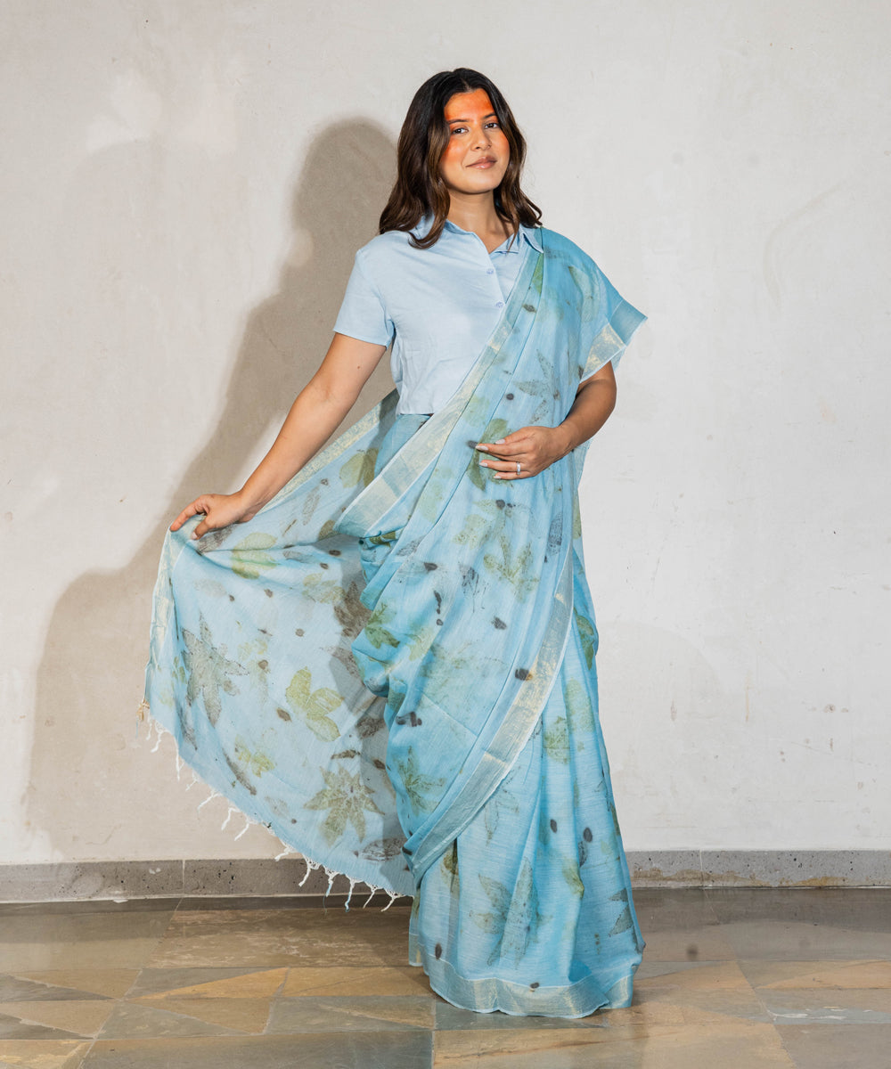 Soft indigo blue dyed liquid extract cotton bio print saree