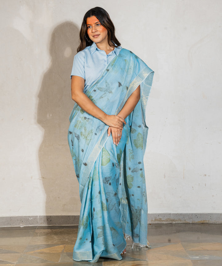 Soft indigo blue dyed liquid extract cotton bio print saree