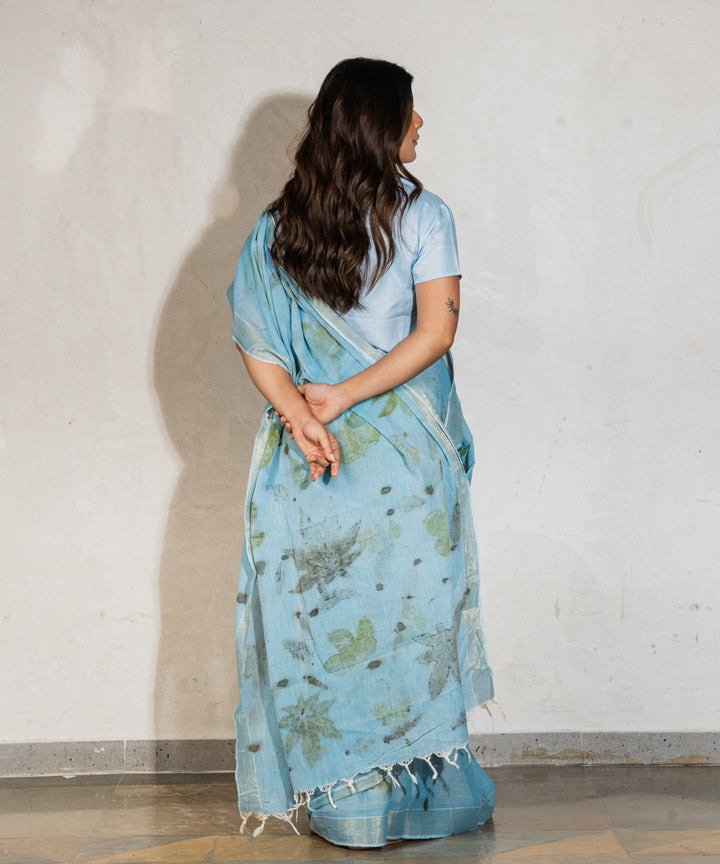 Soft indigo blue dyed liquid extract cotton bio print saree