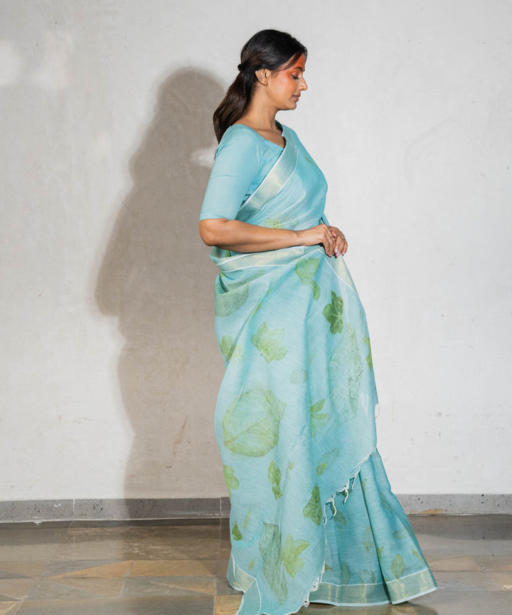 Soft indigo blue dyed liquid extracts of indigo printed cotton saree