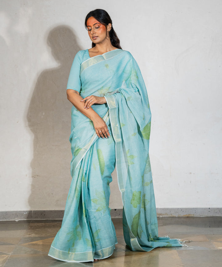 Soft indigo blue dyed liquid extracts of indigo printed cotton saree