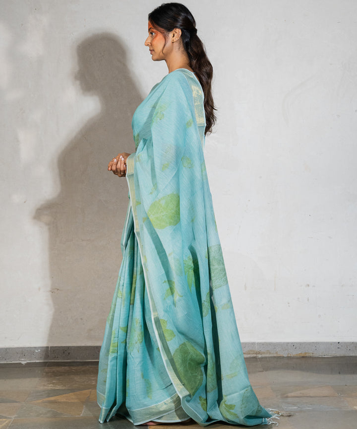 Soft indigo blue dyed liquid extracts of indigo printed cotton saree