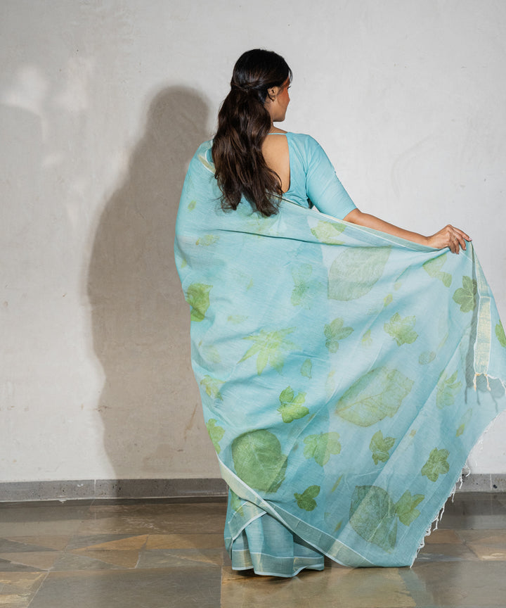 Soft indigo blue dyed liquid extracts of indigo printed cotton saree