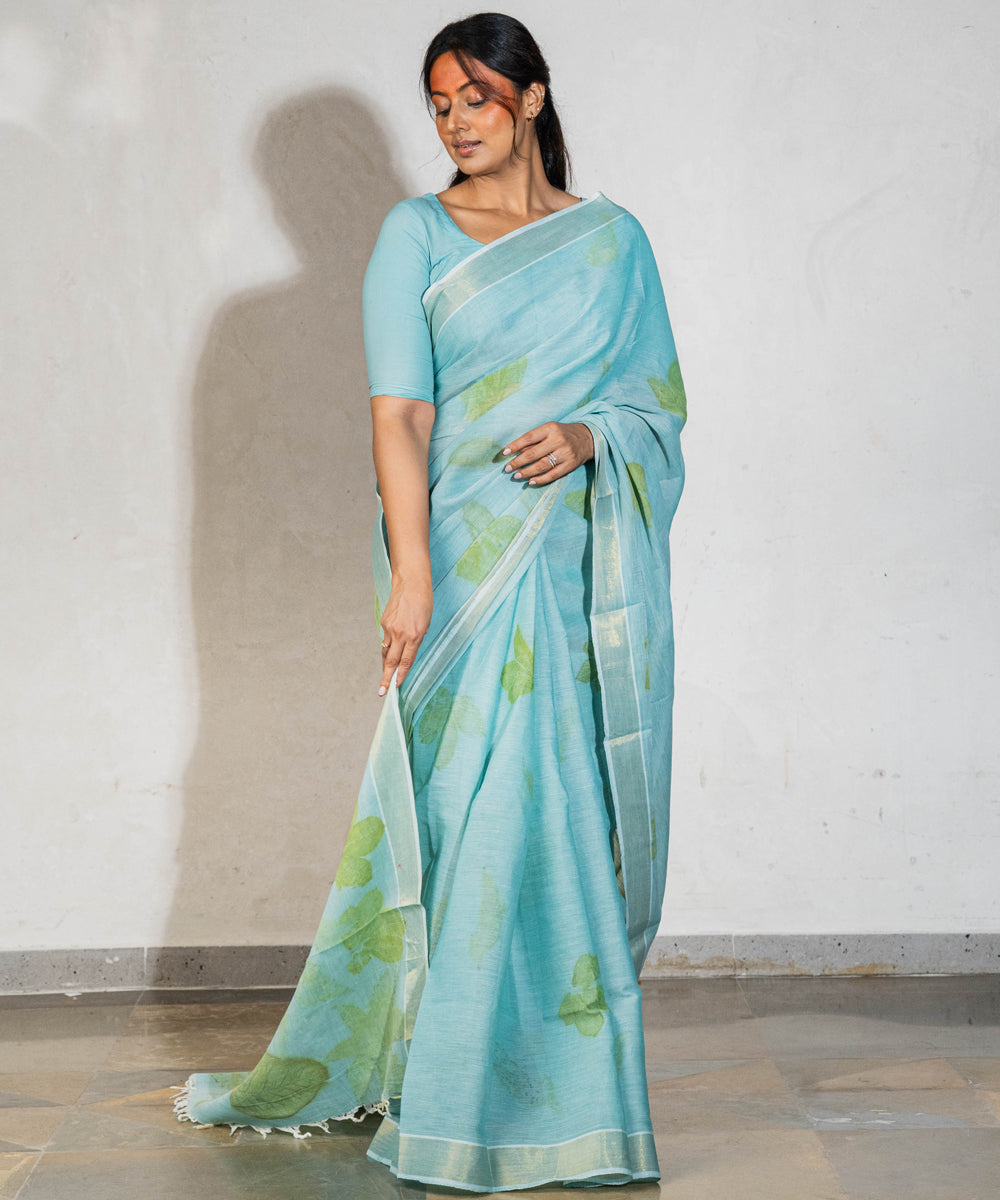 Soft indigo blue cotton dyed liquid extracts of indigo printed saree