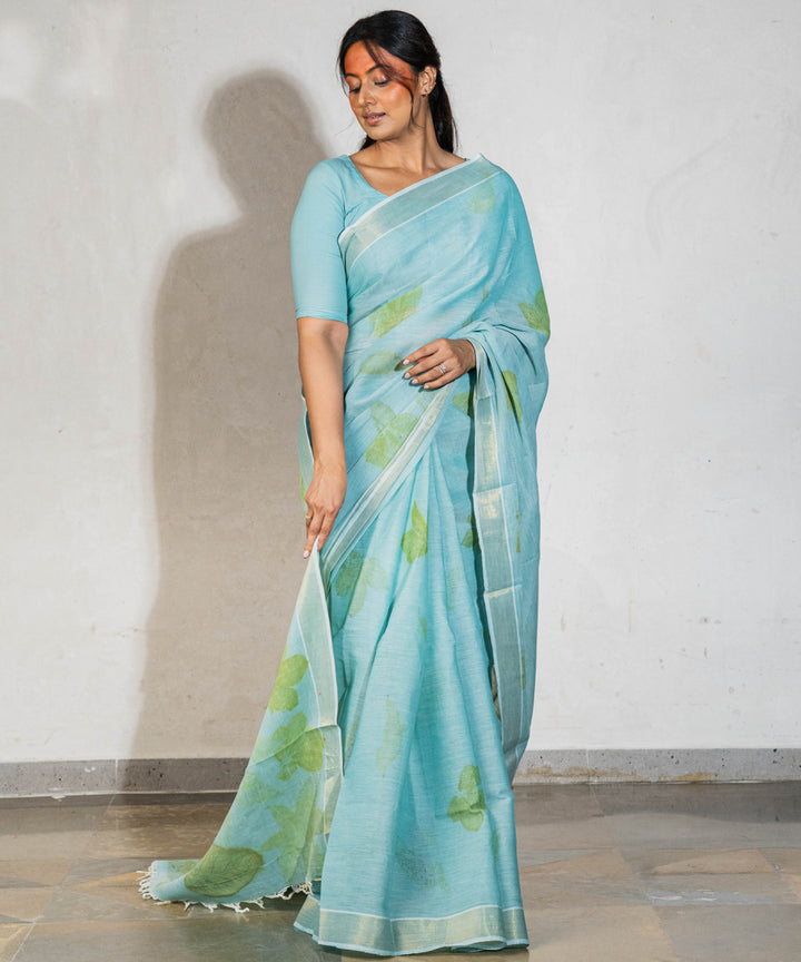 Soft indigo blue cotton dyed liquid extracts of indigo printed saree