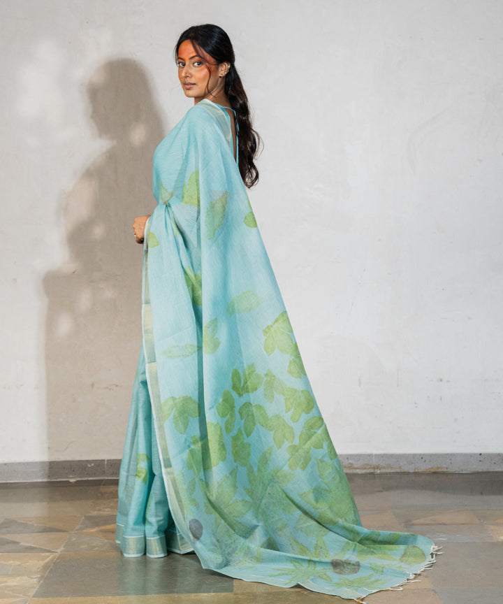 Soft indigo blue cotton dyed liquid extracts of indigo printed saree