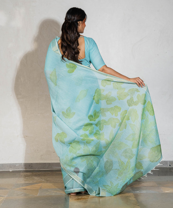 Soft indigo blue cotton dyed liquid extracts of indigo printed saree