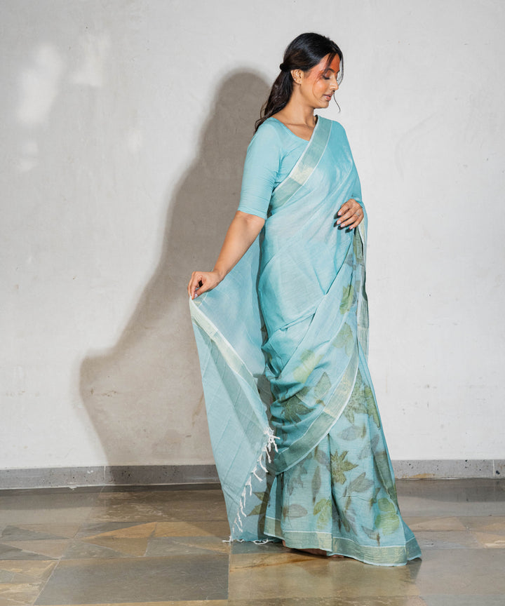 Soft indigo blue dyed liquid extracts of indigo cotton printed saree